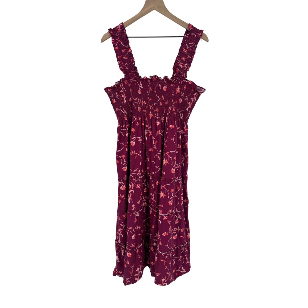 Hill House Midi Dress Womens XL Burgundy Floral The Ellie Nap Ruffle Smocked